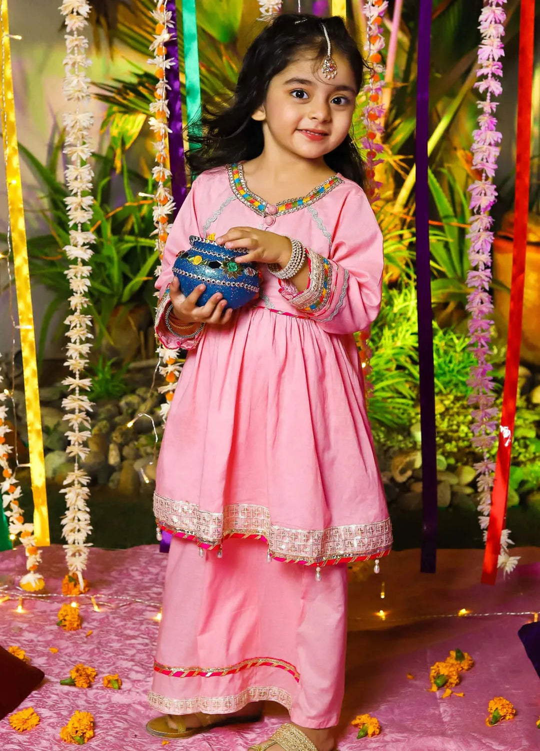 Baby Nest Pret 2 Piece Full Sleeves Semi Formal Frock With Plazzo Pants- Pastel Pink