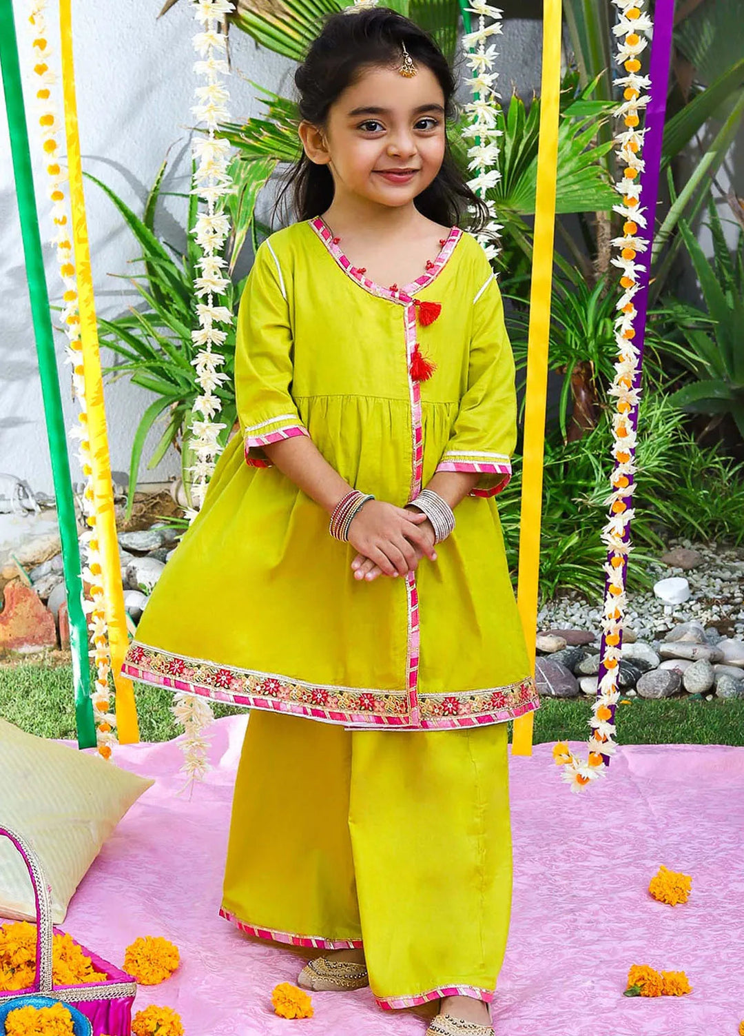 Baby Nest Pret 2 Piece Three Fourth Sleeves Semi Formal Angrakha Frock With A-Line Pants- Lime Punch