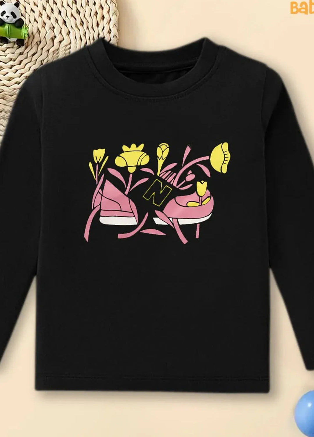 Baby Nest Pret Printed 1 Piece Black Floral Fun Kicks Full Sleeves T-shirt Bndr-105