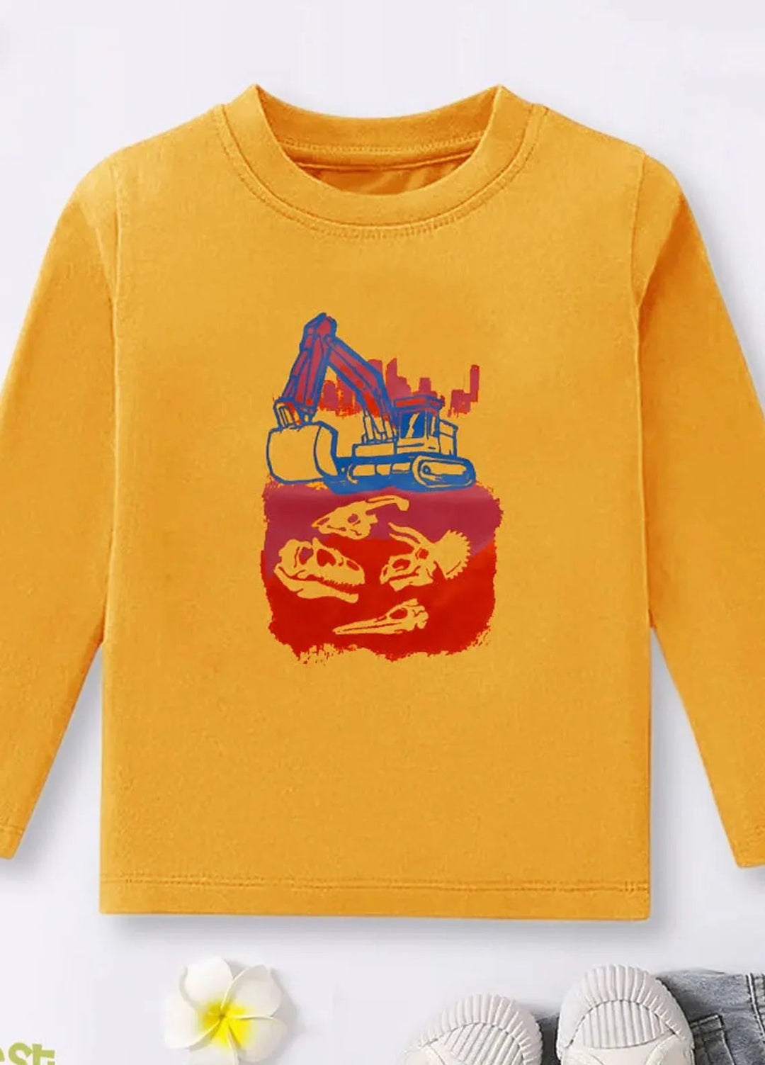 Baby Nest Pret Printed 1 Piece Yellow Dino Excavator and Fossils Full Sleeves T-shirt Bndr-108