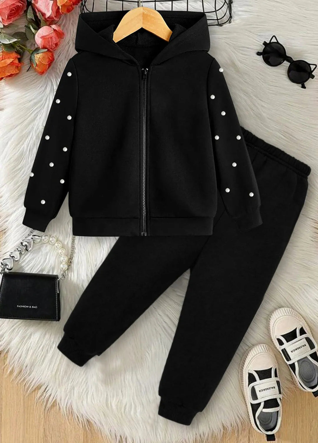 Baby Nest Stylish Black Pearl-Studded Zip-up Fleece Tracksuit for Kids