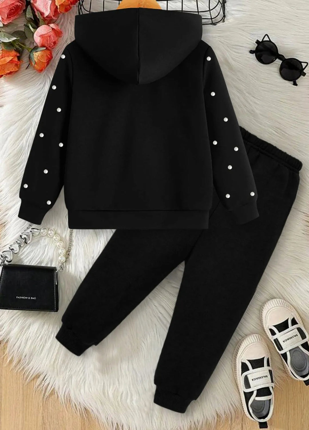 Baby Nest Stylish Black Pearl-Studded Zip-up Fleece Tracksuit for Kids