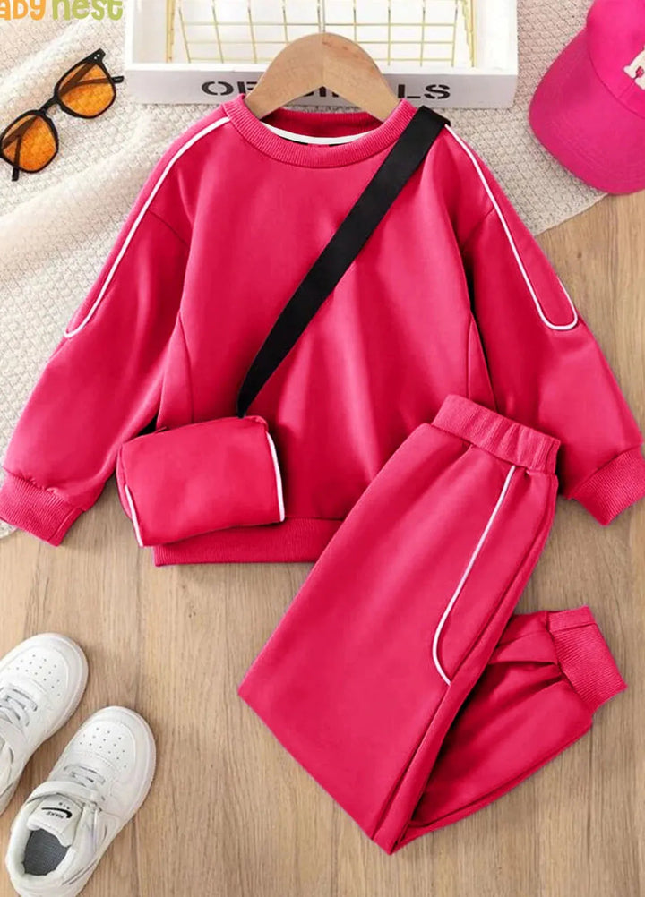 Baby Nest Vibrant Pink Cozy Explorer Fleece Tracksuit for Kids with Sling Bag