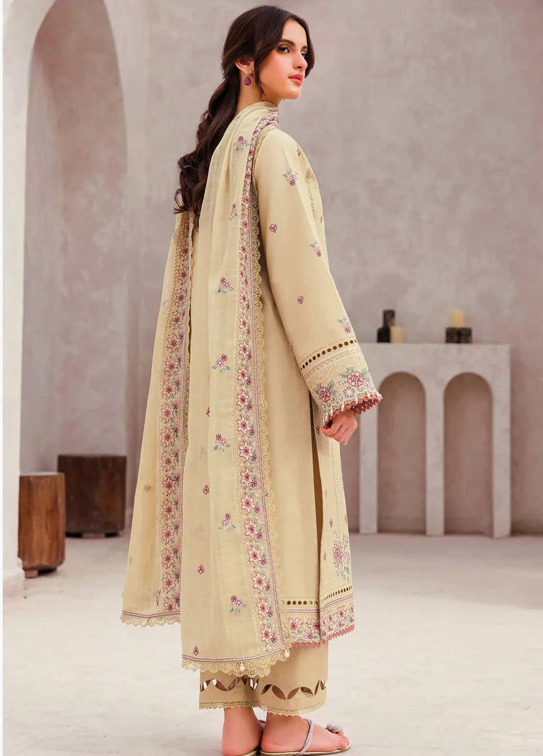 Bahar by Farasha Embroidered Lawn Suits Unstitched 3 Piece FSH25B D-02 Surreal Beige - Summer Collection
