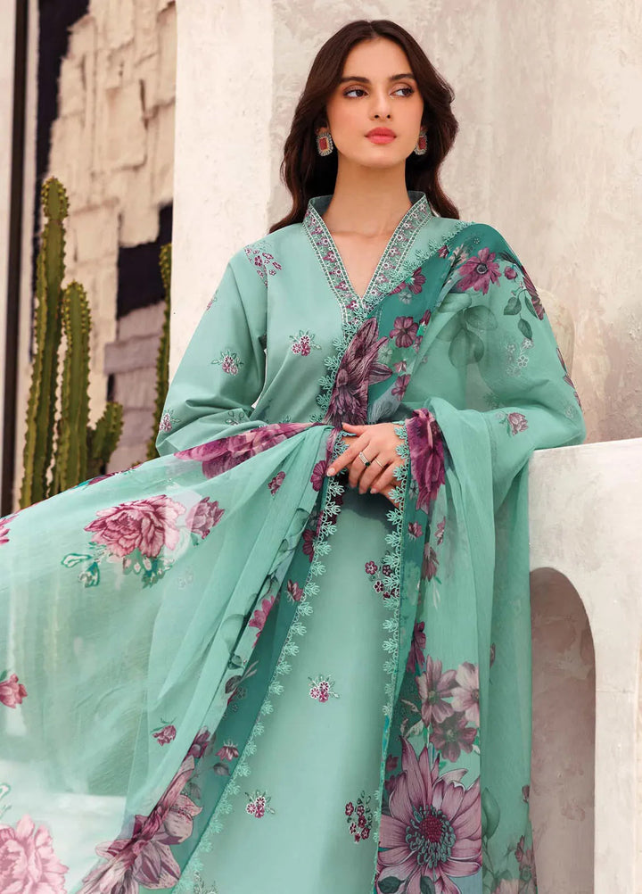 Bahar by Farasha Embroidered Lawn Suits Unstitched 3 Piece FSH25B D-08 Cyan Whisper - Summer Collection