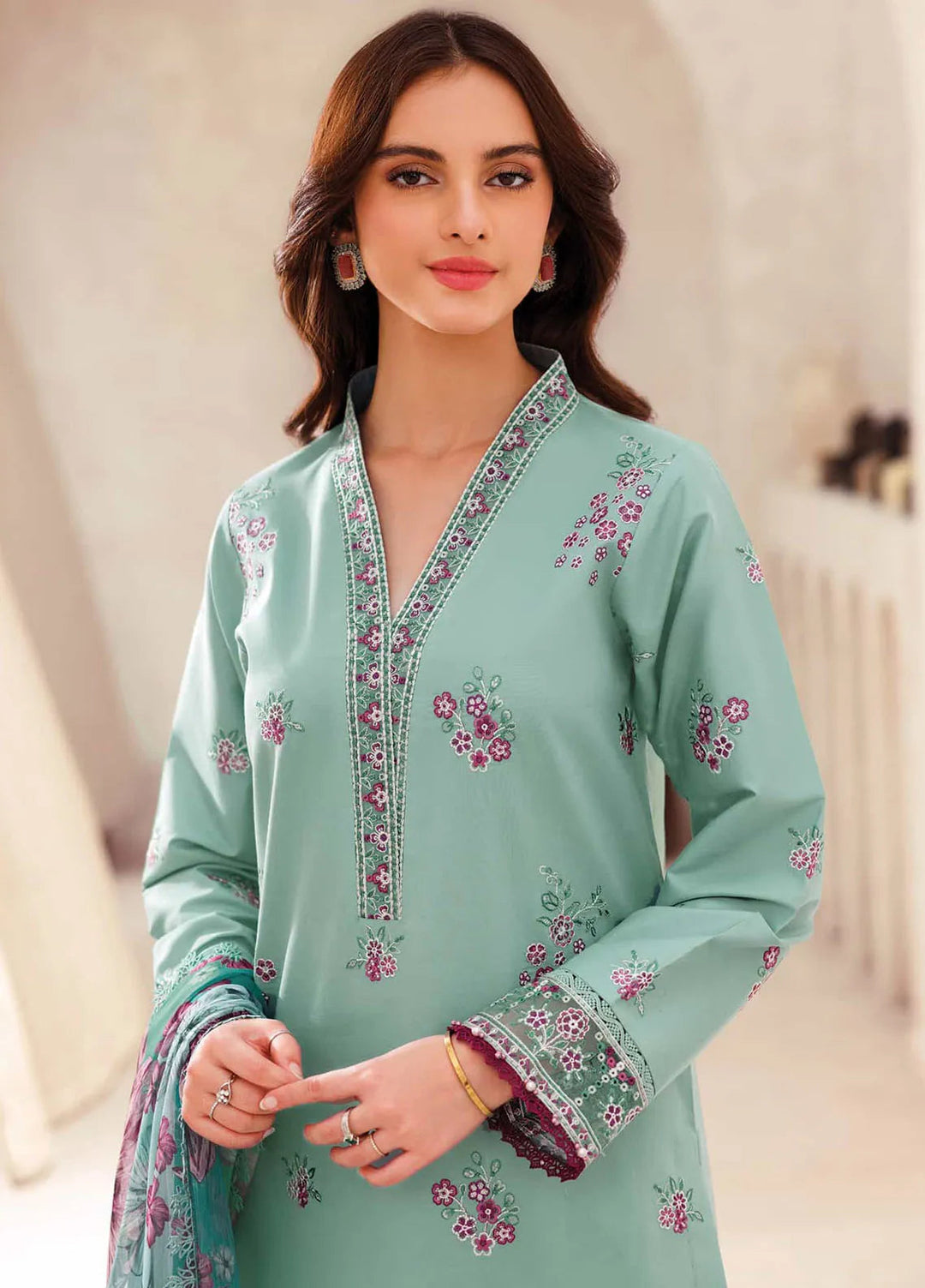 Bahar by Farasha Embroidered Lawn Suits Unstitched 3 Piece FSH25B D-08 Cyan Whisper - Summer Collection