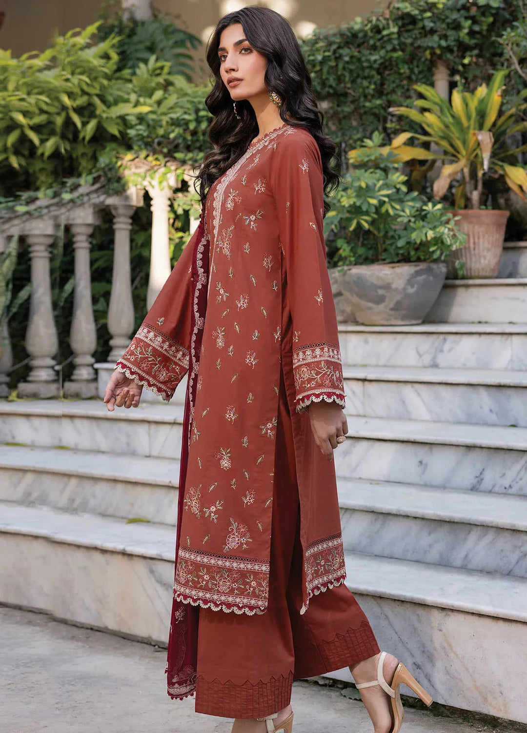 Bahar by Farasha Embroidered Lawn Suits Unstitched 3 Piece FSH25B2 D-03 Russet Dusk - Summer Collection