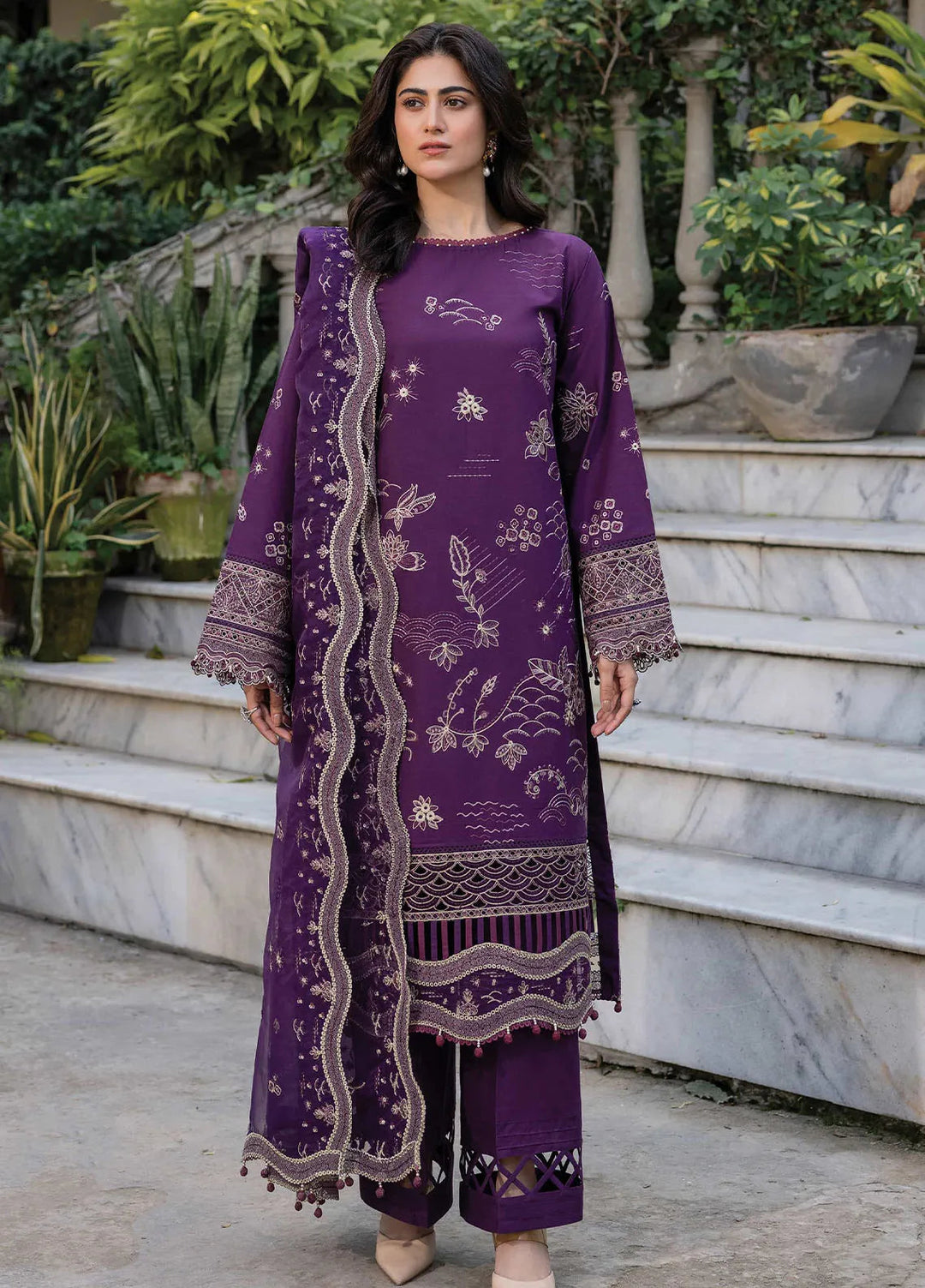 Bahar by Farasha Embroidered Lawn Suits Unstitched 3 Piece FSH25B2 D-08 Raven Plum - Summer Collection