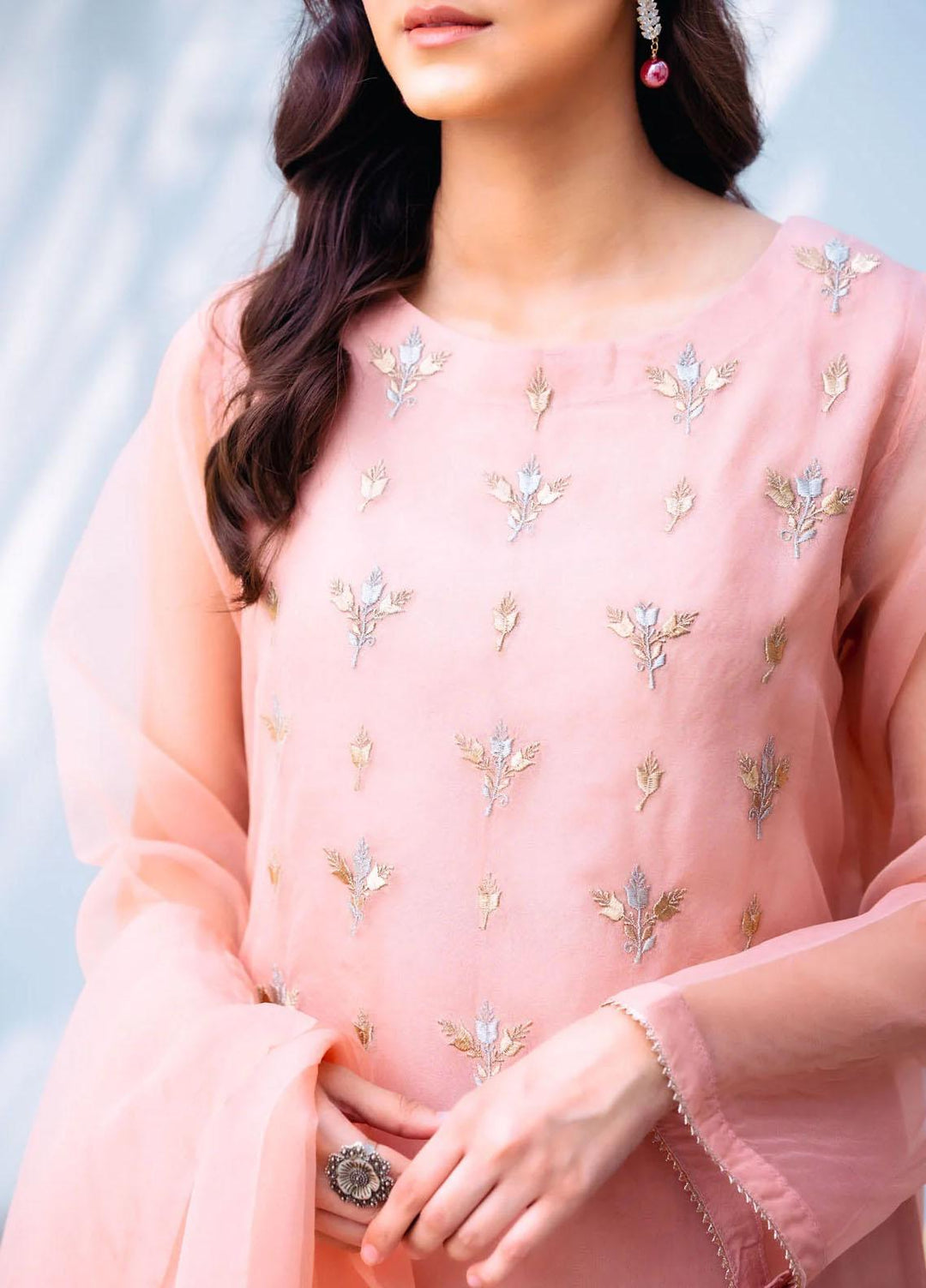 PSK Couture Pret Embroidered Tissue 4 Piece Suit Cherry Lime