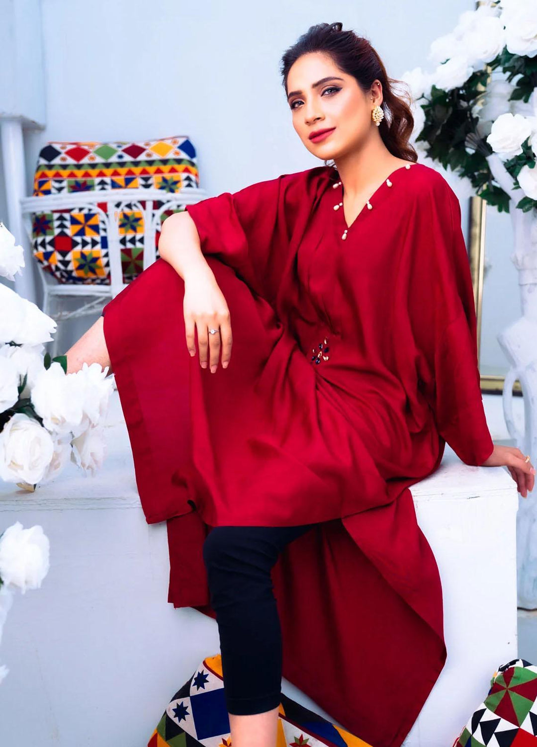 PSK Couture Pret Blended Silk Kaftan RED COCKTAIL