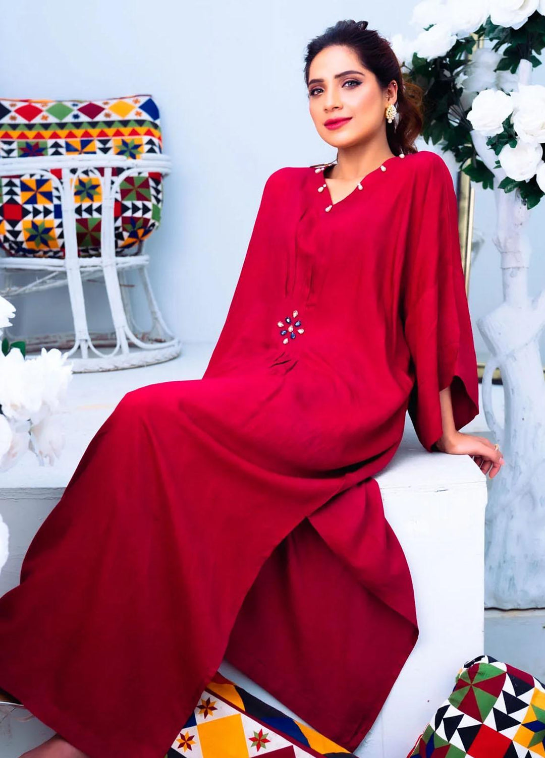 PSK Couture Pret Blended Silk Kaftan RED COCKTAIL