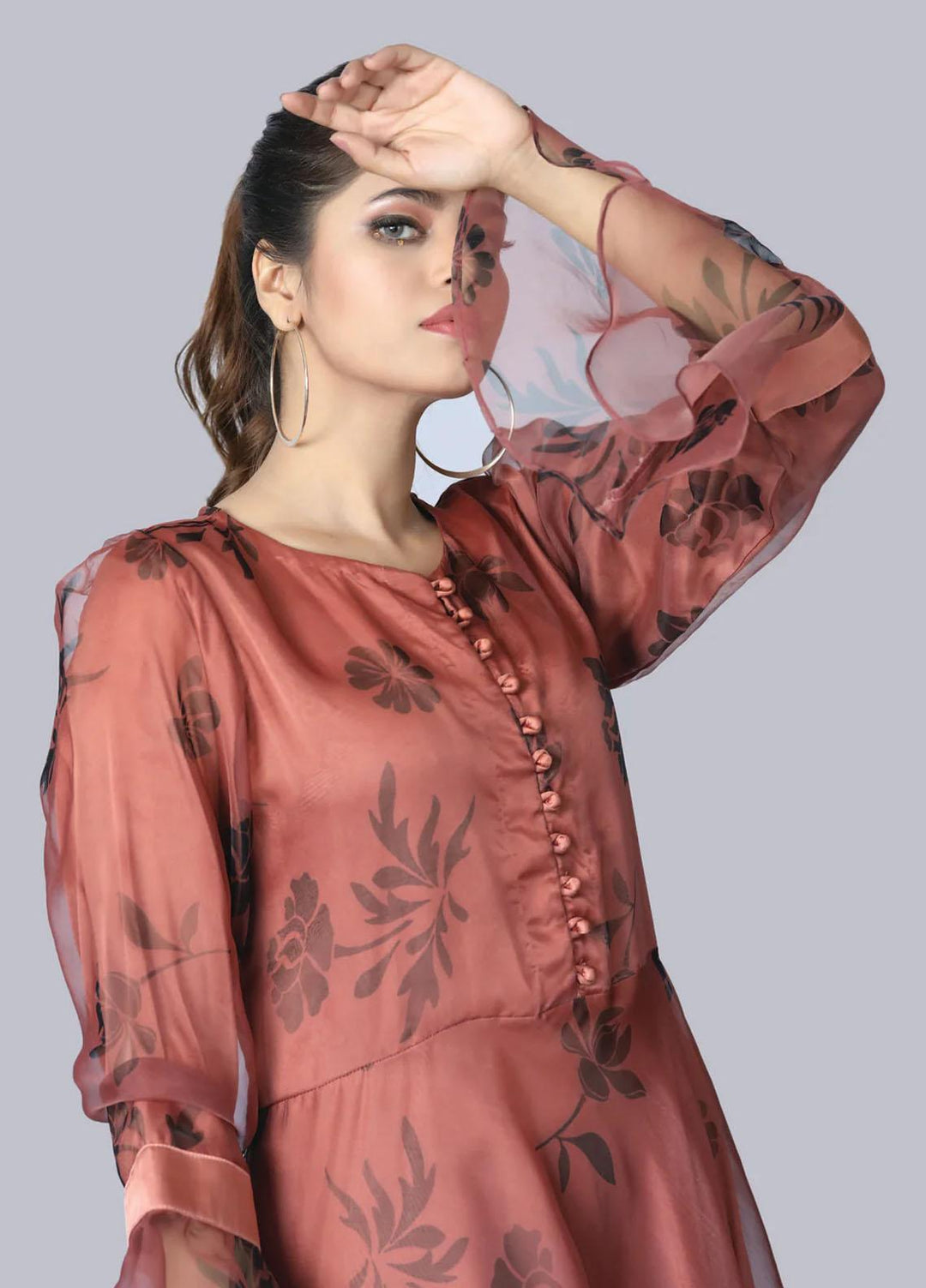 Bareeq Casual Pret  Organza Frock Cranberry Floral Printed Frock