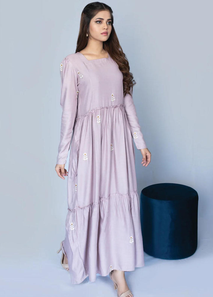 Bareeq Casual Pret  Linen Frock Wisteria Embroidered Dress In Linen