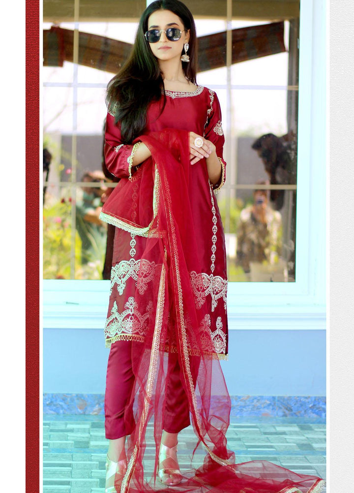 Bareeq Pret  Silk 3 Piece Suit Maroon