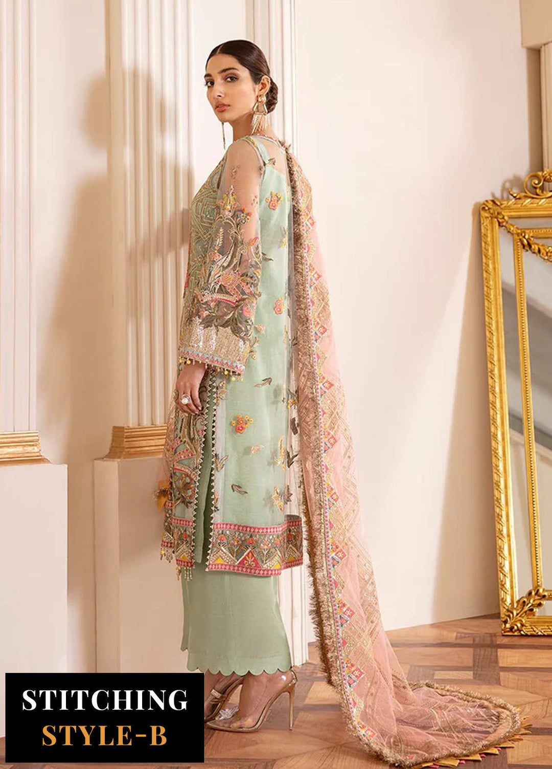 Baroque Embroidered Net Suits Unstitched 3 Piece BQ25UF Capri Sea - Formals Collection