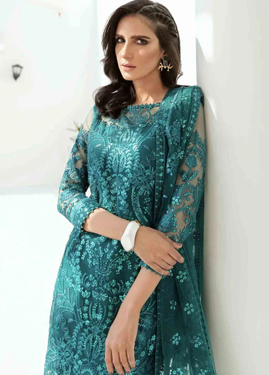 Baroque Embroidered Net Suits Unstitched 3 Piece BQ25UF Frost Green - Formals Collection