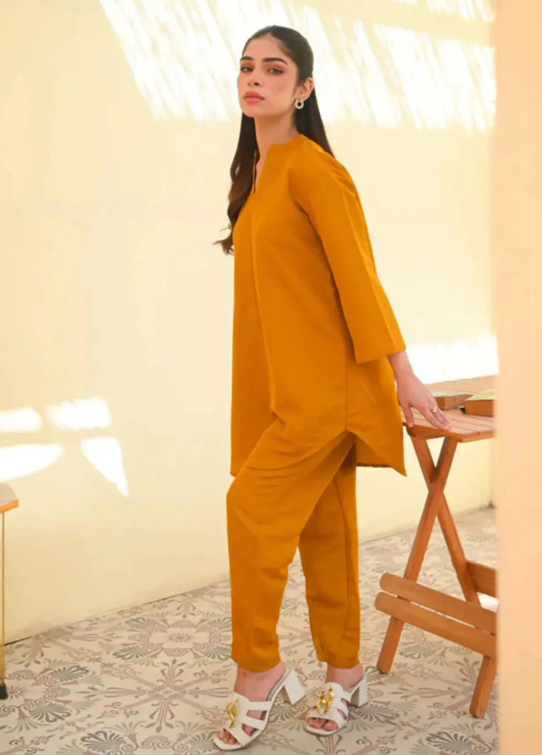 Basics by Zauk Pret Solid Raw Silk 2 Piece Suit Mustard