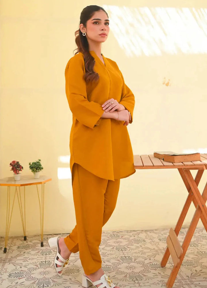 Basics by Zauk Pret Solid Raw Silk 2 Piece Suit Mustard