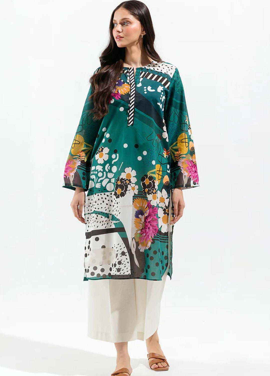 Beechtree Embroidered Lawn  Unstitched Kurties BT23US BT5S23U101 Teal Illustration - Summer Collection