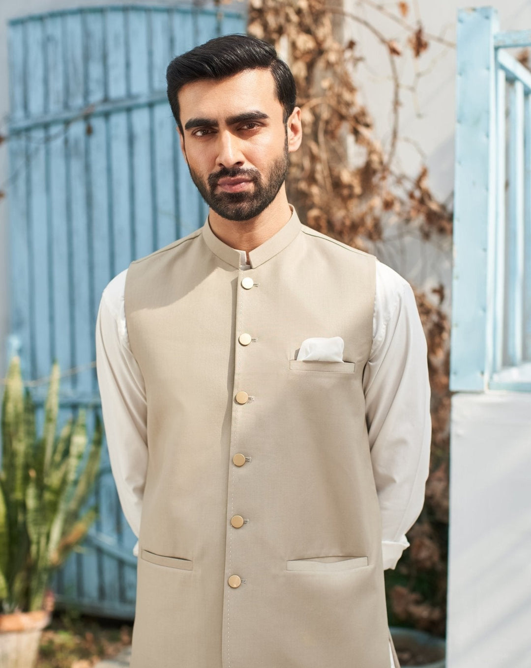 Muraqsh Ready To Wear Solids Cotton Men Off White Kurta Trouser with Beige Suiting Waistcoat Round Cut MUR-BOO - Summer Collection