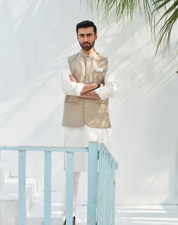 Muraqsh Ready To Wear Solids Cotton Men Off White Kurta Trouser with Beige Suiting Waistcoat Round Cut MUR-BOO - Summer Collection