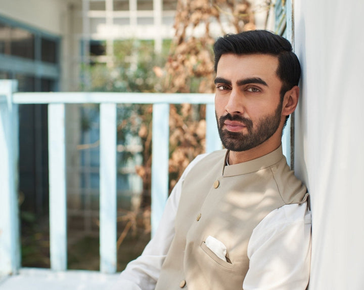 Muraqsh Ready To Wear Solids Cotton Men Off White Kurta Trouser with Beige Suiting Waistcoat Round Cut MUR-BOO - Summer Collection