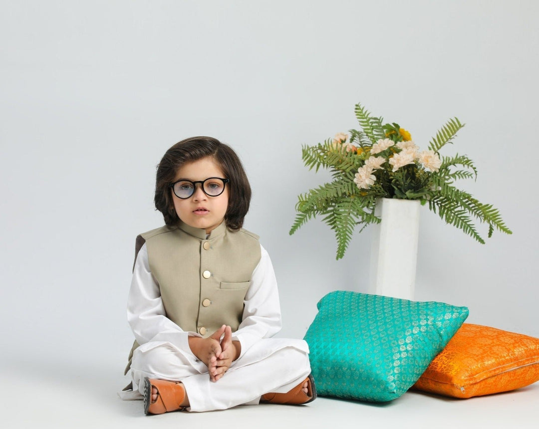 Muraqsh Ready To Wear Solids Cotton Boys Off White Kurta Trouser with Beige Suiting Waistcoat MUR-BOW - Summer Collection