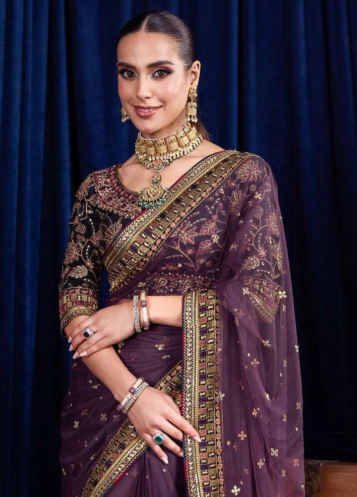 Bekhudi By Asim Jofa Embroidered Net  Unstitched Saree AJ23B AJBK-08 - Luxury Collection