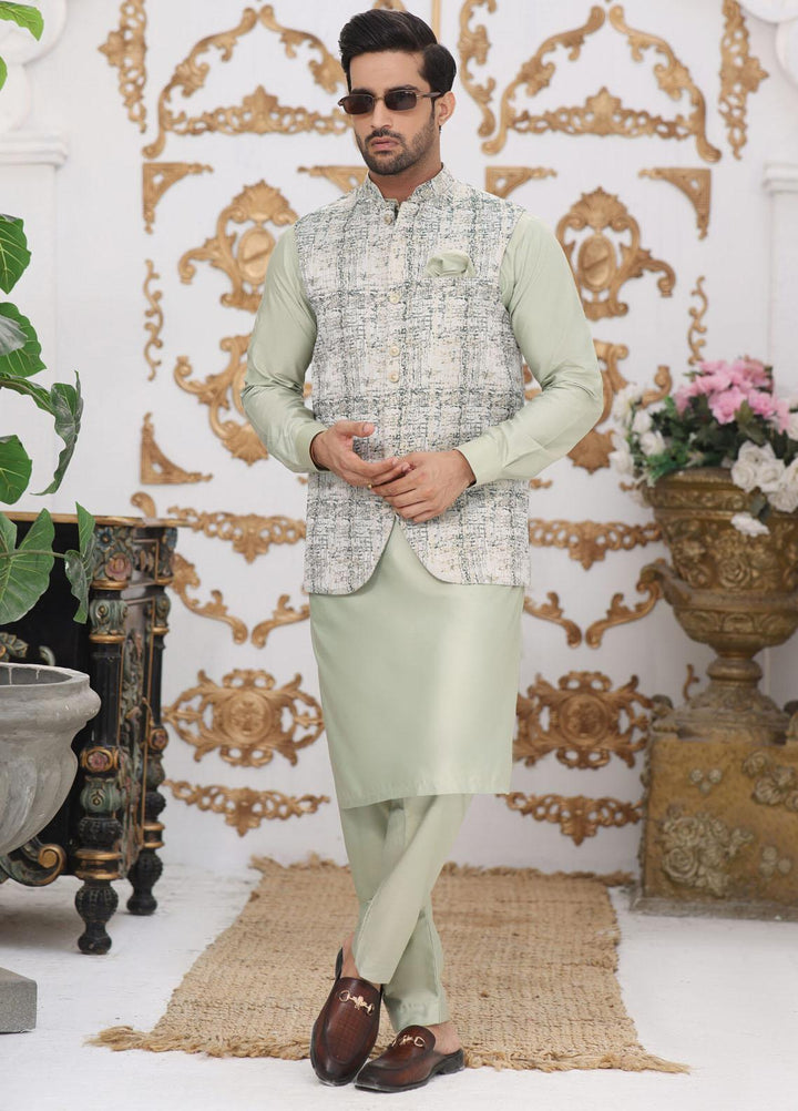 Bin Musab Jacquard Formal Men 3 Piece Suit -  BM-000039 Mint Cream