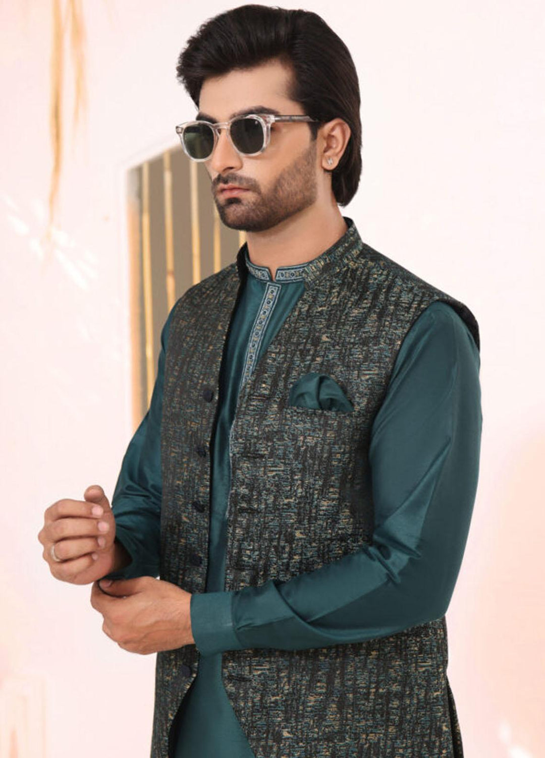 Bin Musab Jacquard Formal 3 Piece Suit for Men -  BM-000040 Ocean Shadow