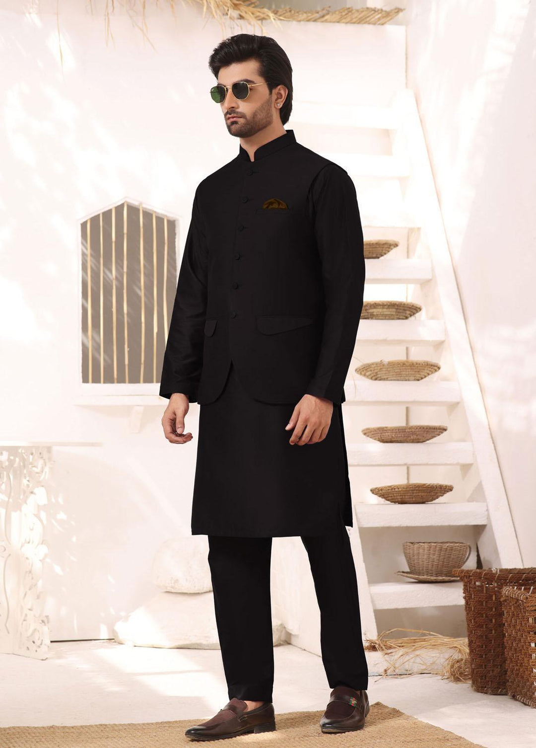 Bin Musab Silk Formal 3 Piece Suit for Men -  BM-000046 Black Shadow
