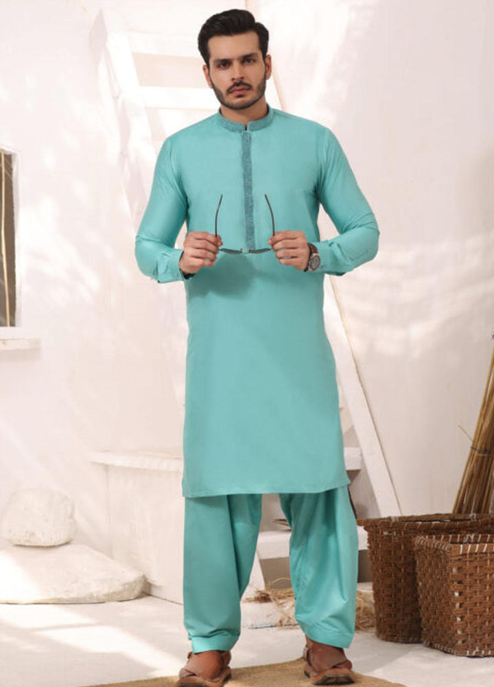 Bin Musab Silk Formal Kameez Shalwar for Men -  BM-000003 Cyan