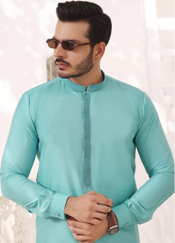 Bin Musab Silk Formal Kameez Shalwar for Men -  BM-000003 Cyan
