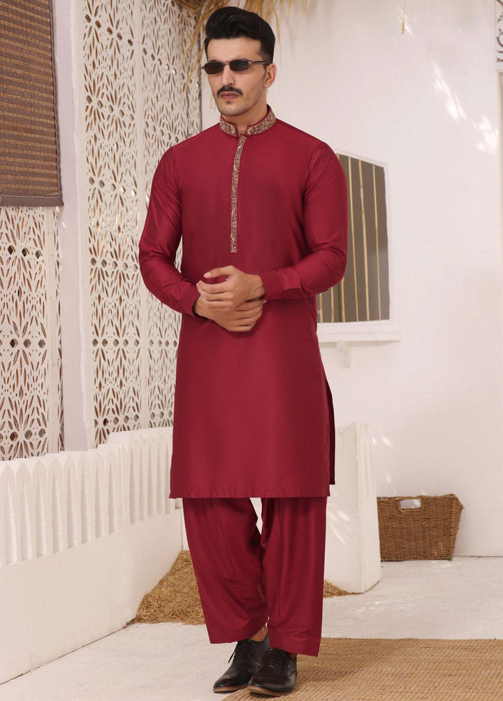 Bin Musab Cotton Silk Formal Kameez Shalwar for Men -  BM-000009 Mayan Red
