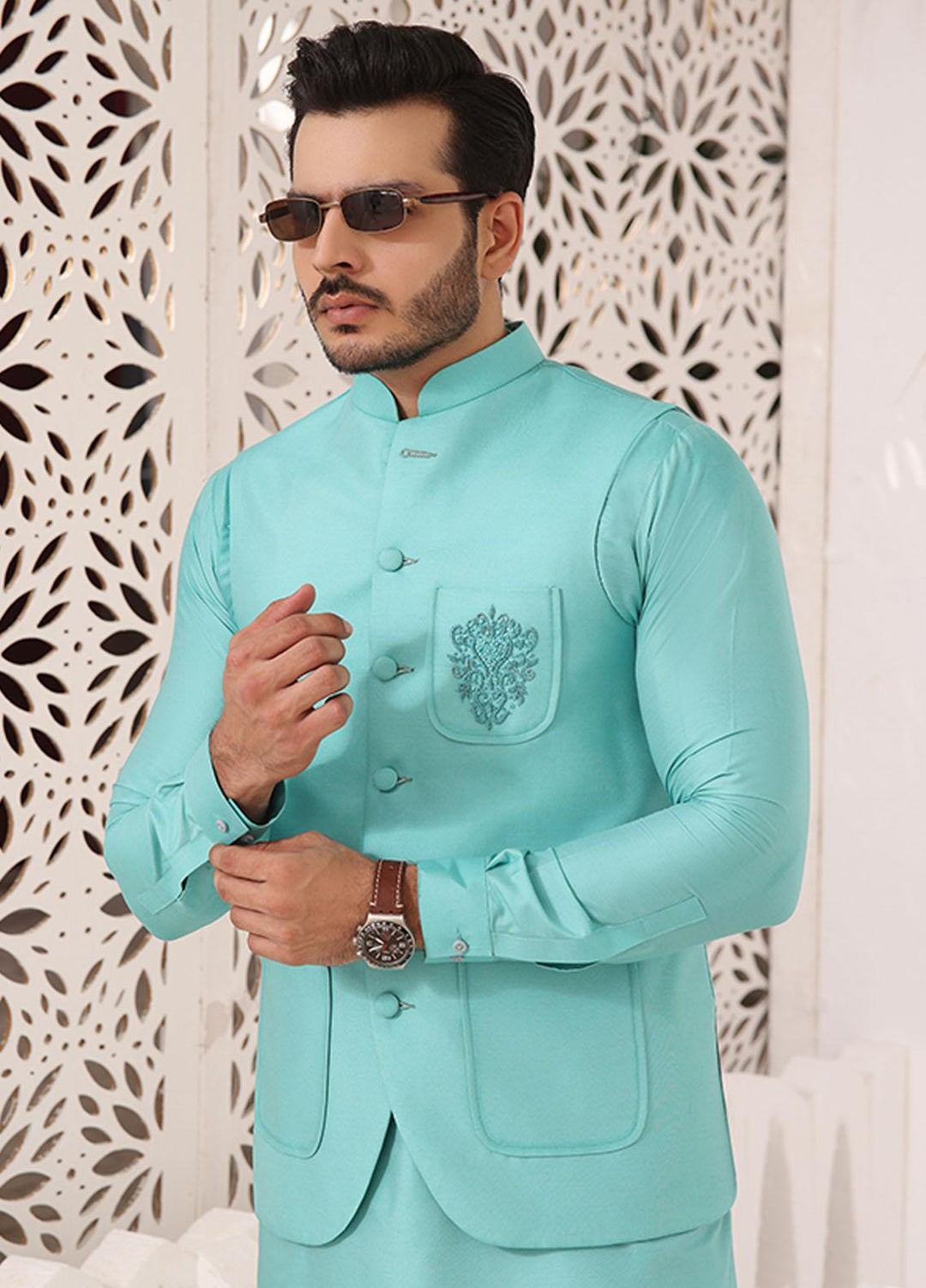 Bin Musab Silk Formal Waistcoats for Men -  BM-000027 Teal Tan