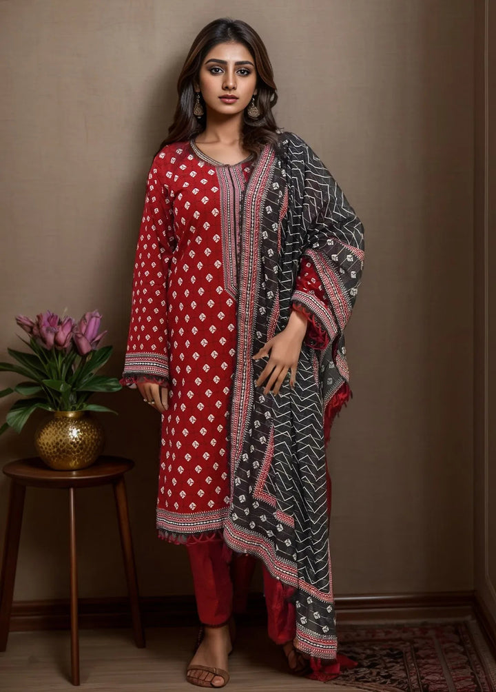 Bin Saeed Printed Cotton Suits Unstitched 3 Piece BN24F Red2 - Summer Collection