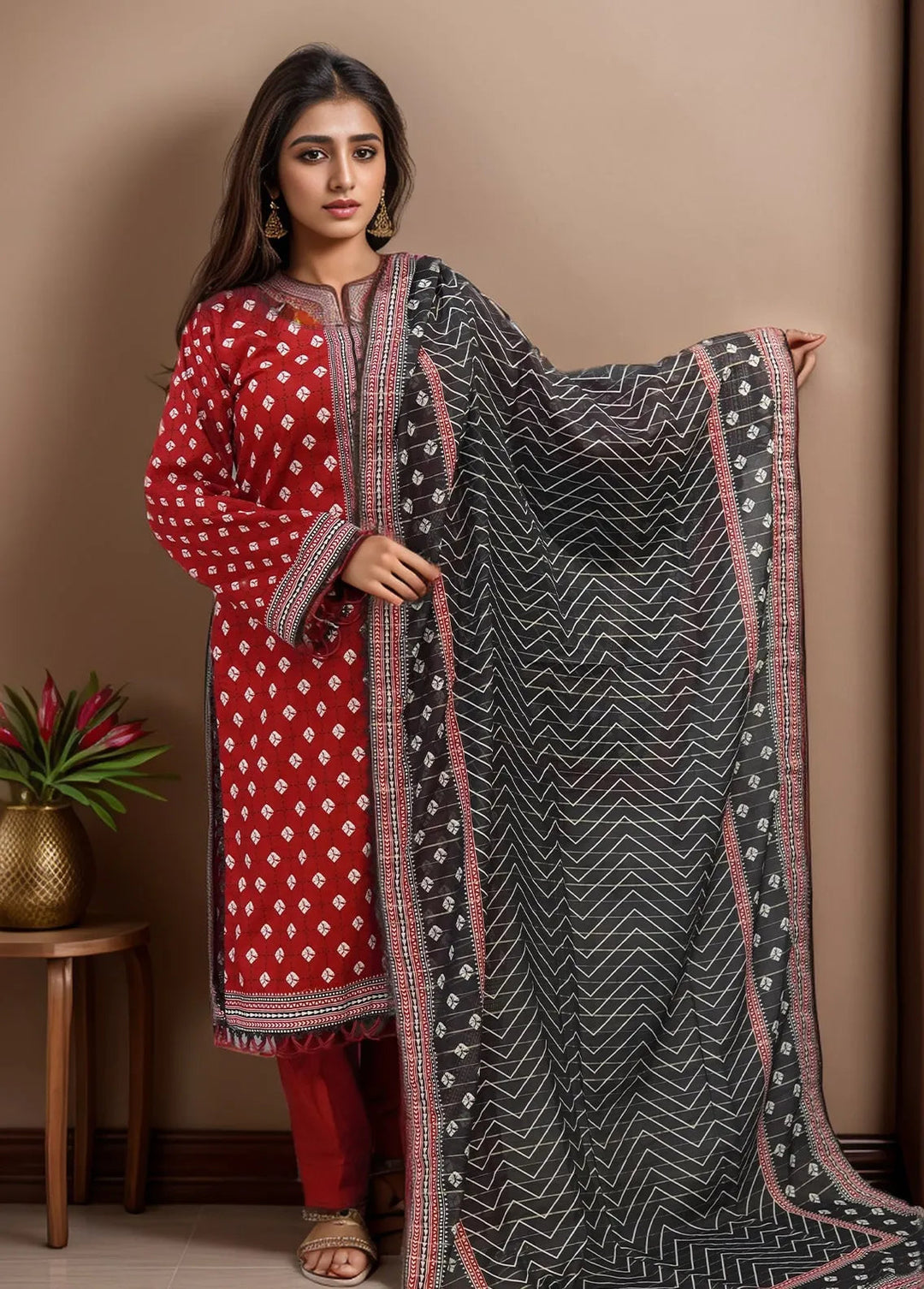Bin Saeed Printed Cotton Suits Unstitched 3 Piece BN24F Red2 - Summer Collection