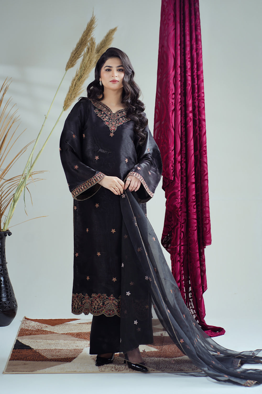 Reeza's Unstitched Embroidered Silk 3 Piece Black - Festive Collection
