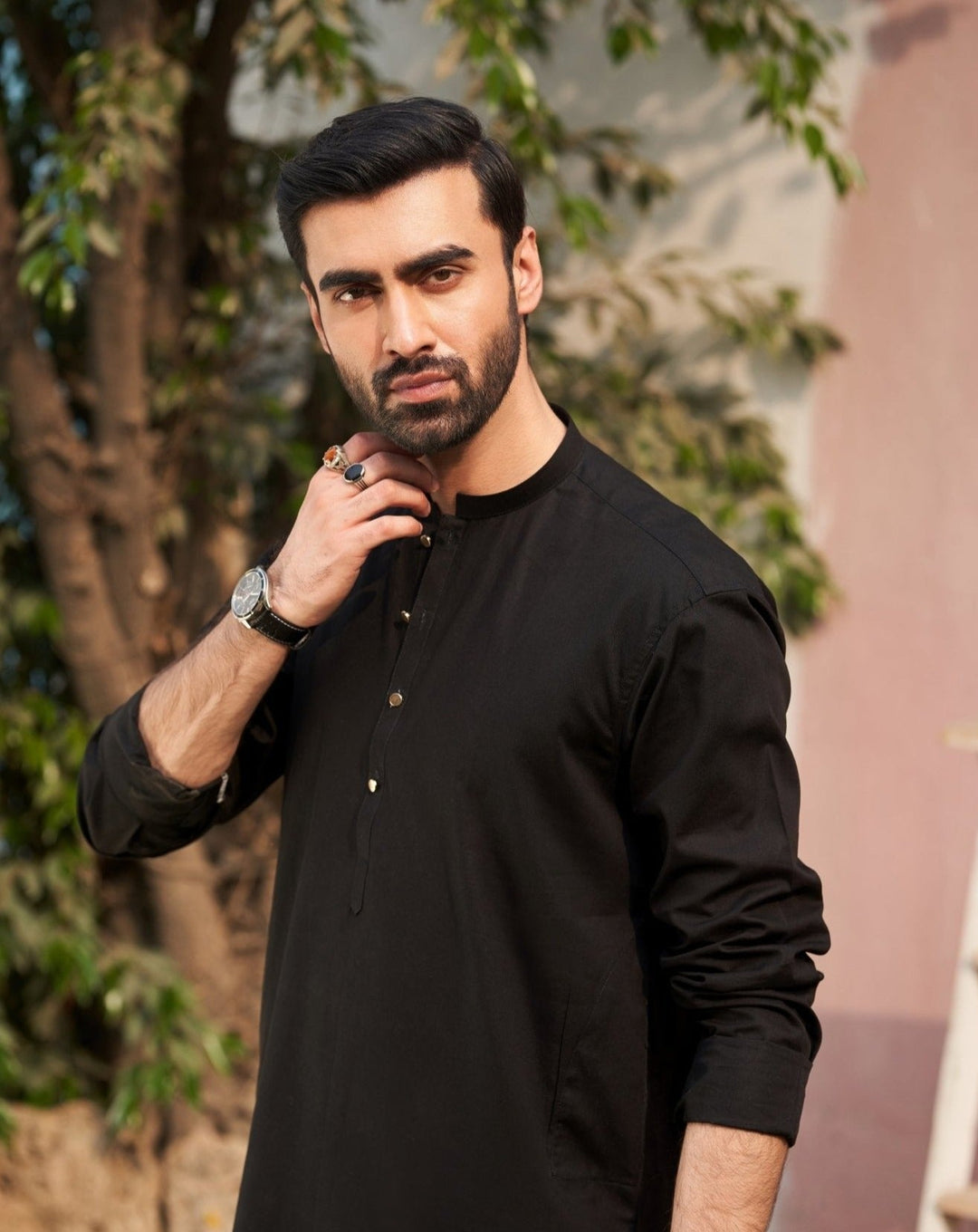 Muraqsh Ready To Wear Solids  Men Black Cotton Kurta Trouser MUR-BCKWT-KUR - Summer Collection