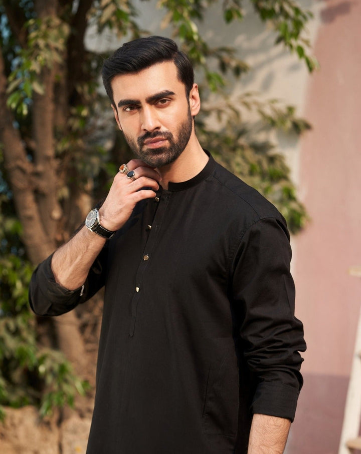 Muraqsh Ready To Wear Solids  Men Black Cotton Kurta Trouser MUR-BCKWT-KUR - Summer Collection