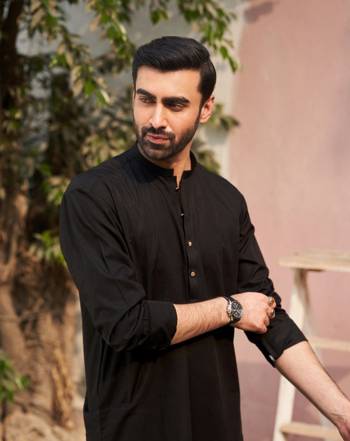 Muraqsh Ready To Wear Solids  Men Black Cotton Kurta Trouser MUR-BCKWT-KUR - Summer Collection