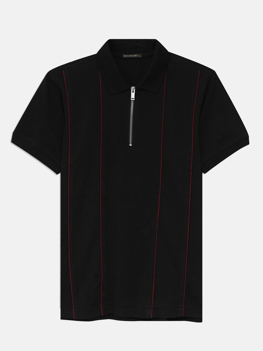 Brumano Mens RTW Solids Cotton Polo T-Shirt Black Striped Zipper Casual Collection