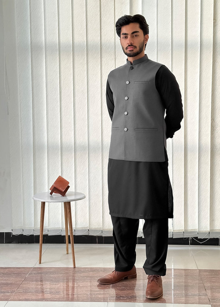 Black Kurta Shalwar with Gray Waistcoat