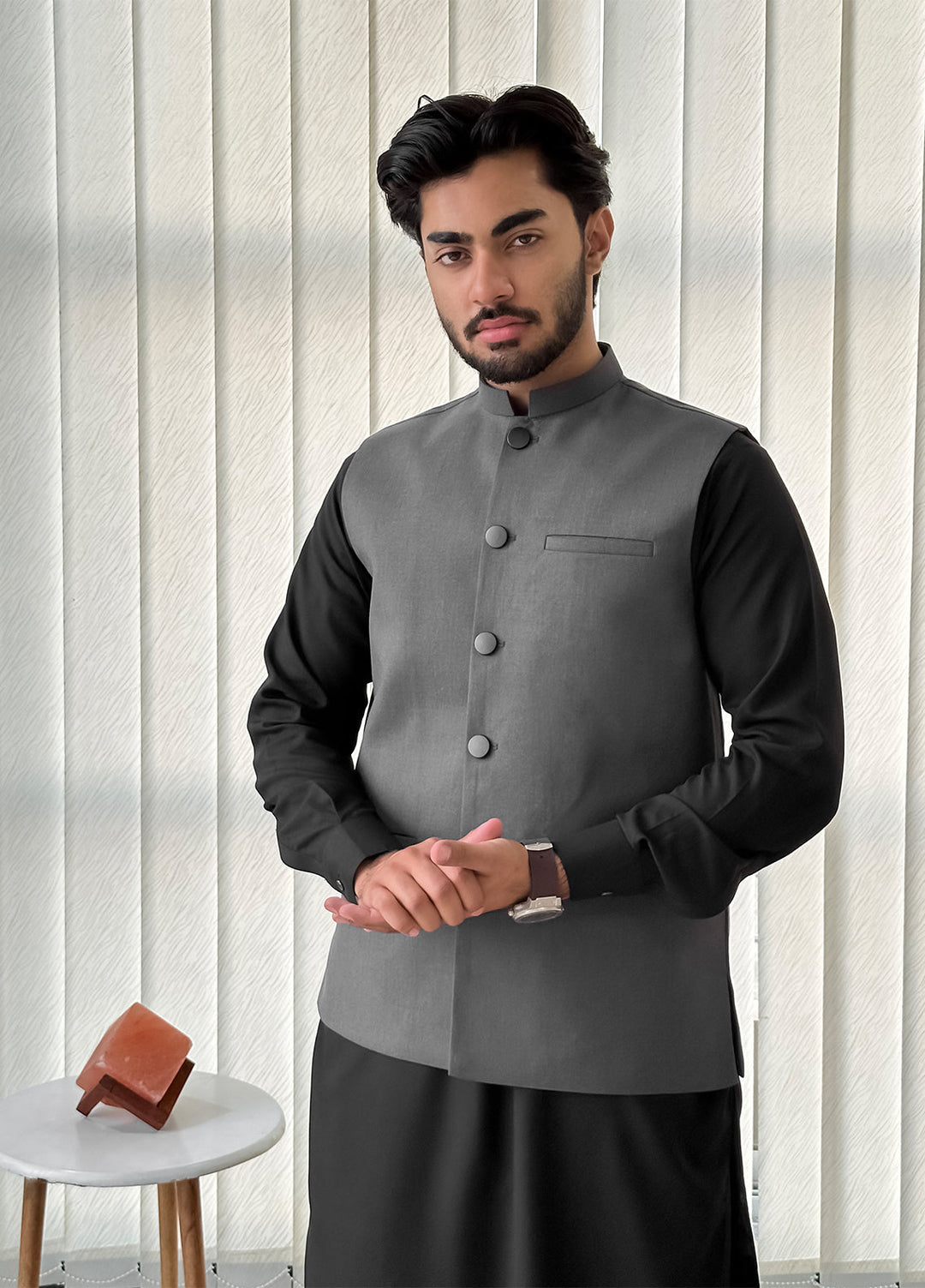 Black Kurta Shalwar with Gray Waistcoat