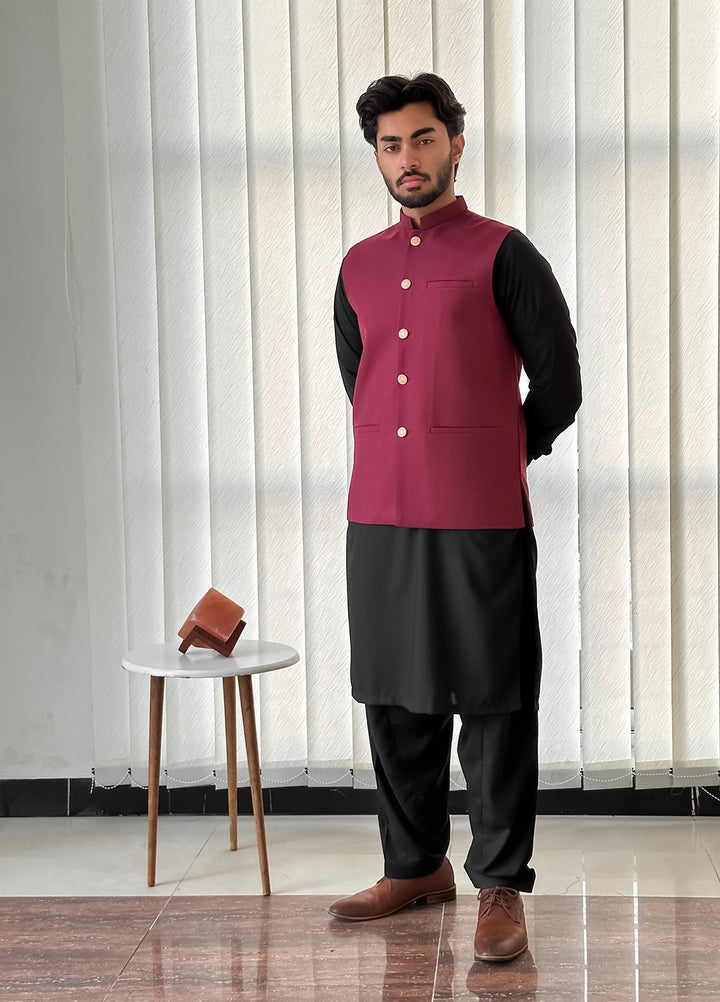 Black Kurta Shalwar with Maroon Waistcoat