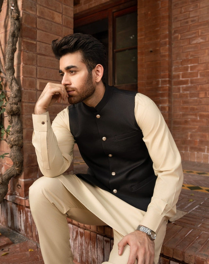 Muraqsh Ready To Wear Solids Cotton Men Ivory Kurta Trouser with Black Suiting Waistcoat Round Cut MUR-BOI-KS - Summer Collection