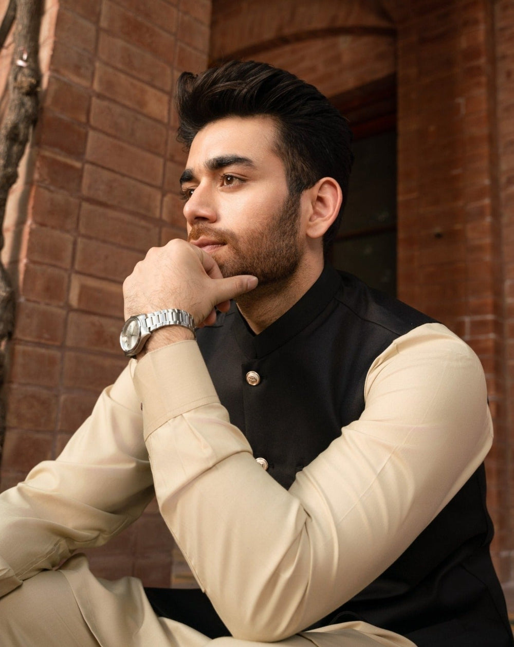 Muraqsh Ready To Wear Solids Cotton Men Ivory Kurta Trouser with Black Suiting Waistcoat Round Cut MUR-BOI-KS - Summer Collection