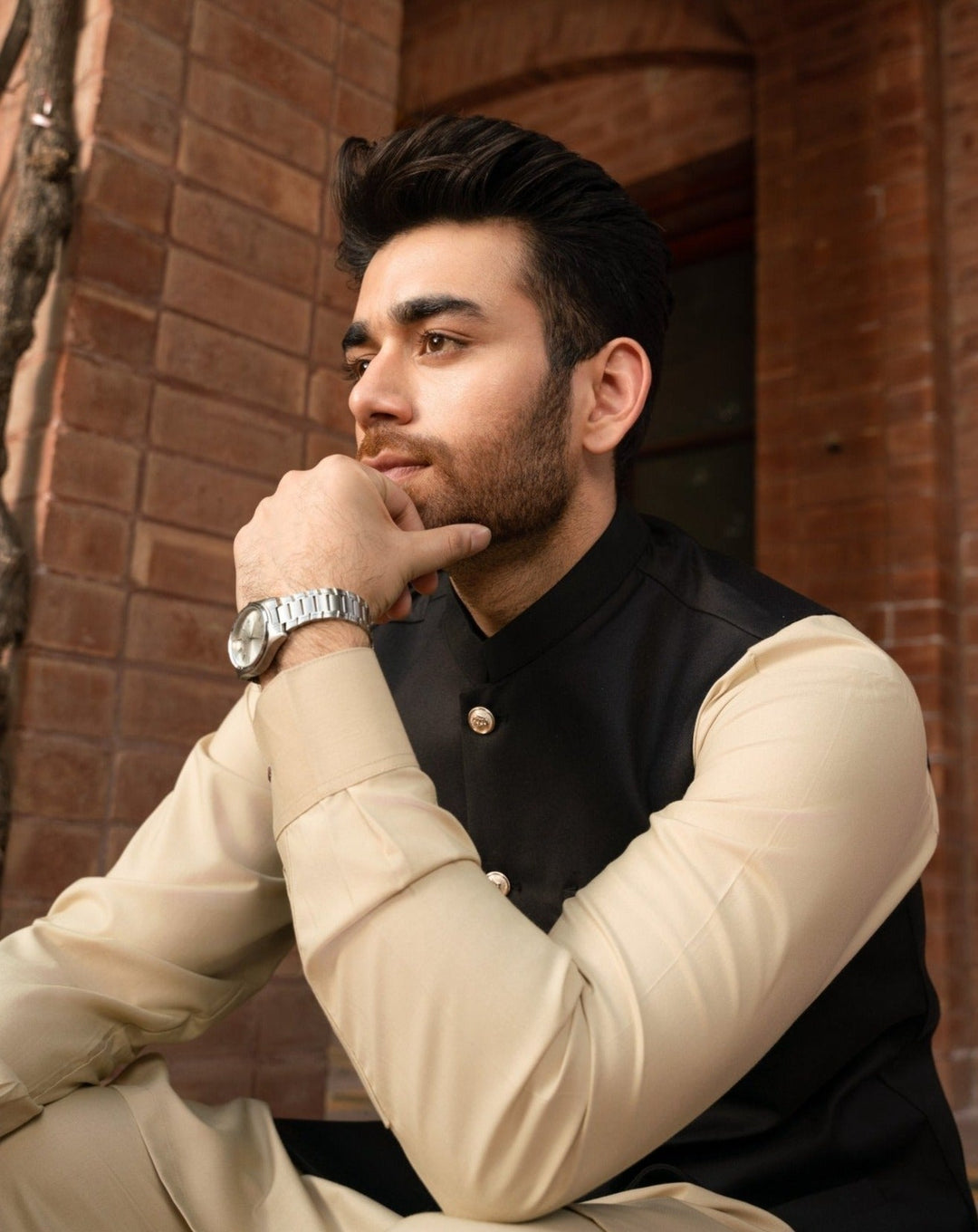 Muraqsh Ready To Wear Solids Cotton Men Ivory Kurta Trouser with Black Suiting Waistcoat Round Cut MUR-BOI-KS - Summer Collection