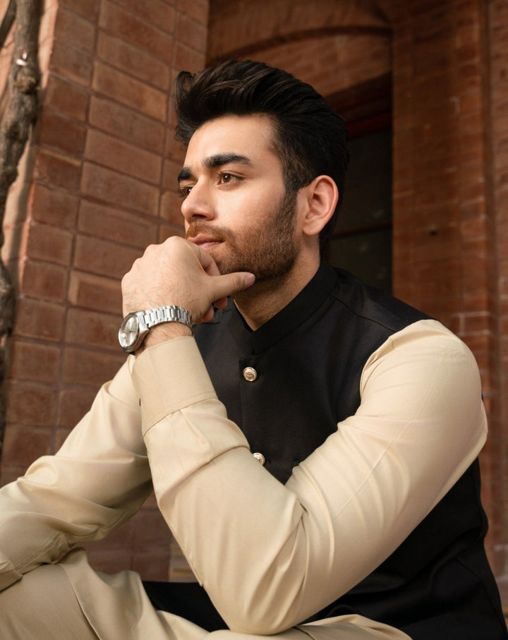 Muraqsh Ready To Wear Solids Cotton Men Ivory Kurta Trouser with Black Suiting Waistcoat Round Cut MUR-BOI-KS - Summer Collection