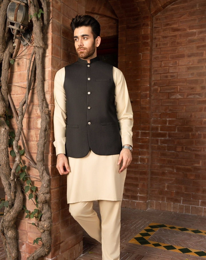 Muraqsh Ready To Wear Solids Cotton Men Ivory Kurta Trouser with Black Suiting Waistcoat Round Cut MUR-BOI-KS - Summer Collection